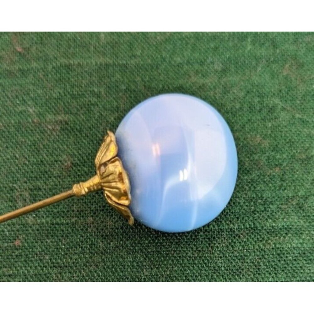 Vintage‎ Antique Victorian Blue Opalescent Glass Orb Hat Pin Stick Pin